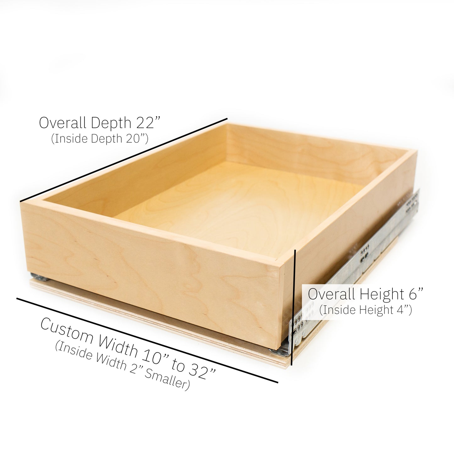 Custom Pull-Out Cabinet Drawer (10–32″ Width) – Soft-Close Birch Slide-Out Shelf, Fully Assembled