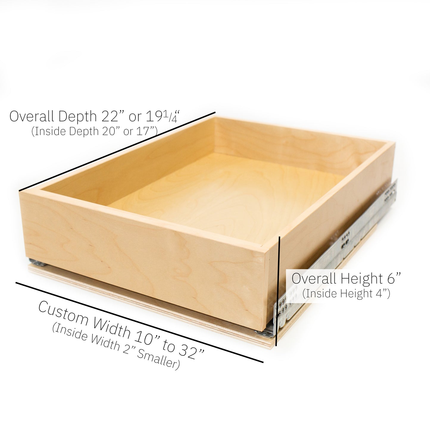 Custom Pull-Out Cabinet Drawer (10–32″ Width) – Soft-Close Birch Slide-Out Shelf, Fully Assembled